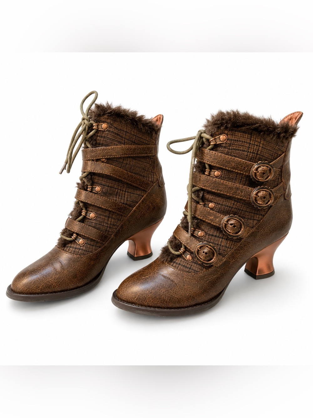 Hades Steampunk Victorian Brown Plaid Buckle Boots Size 8